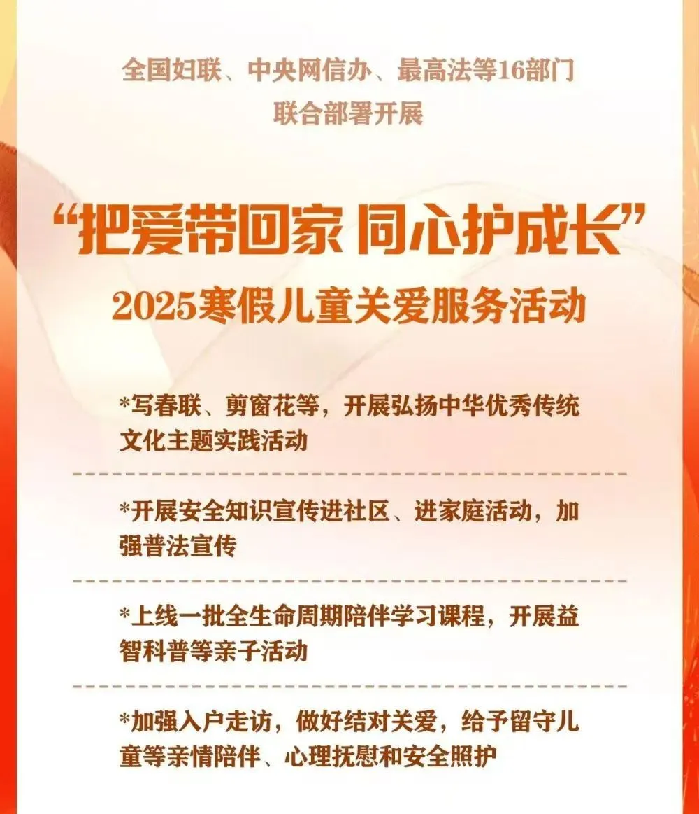 把愛帶回家 同心護(hù)成長——全國婦聯(lián)等16部門聯(lián)合部署2025寒假兒童關(guān)愛服務(wù)活動(dòng)